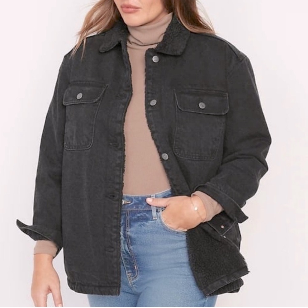 Old Navy Long Black Denim Jacket with Sherpa Collar & Lining, 4 Pockets